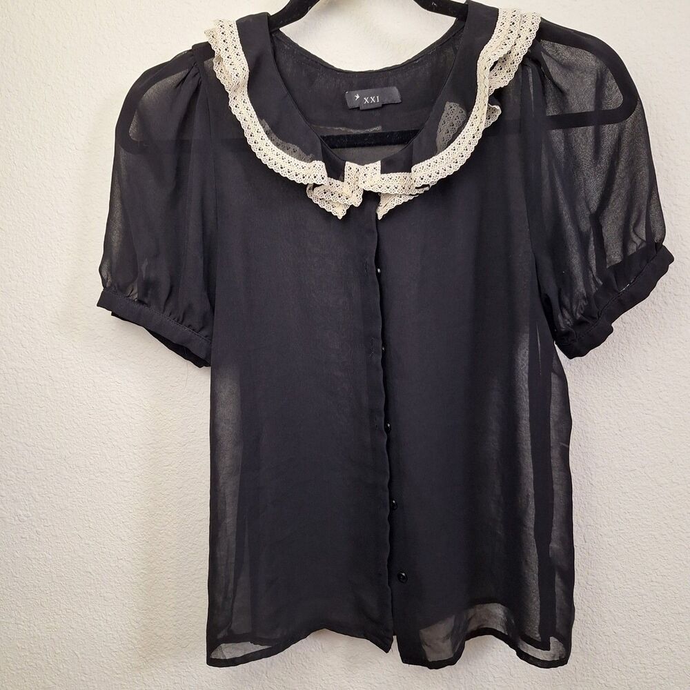 XXI Blouse Sm Sheer Black Peter Pan Collar Puff Sleeve Whimsy Dark Fairy Gothic